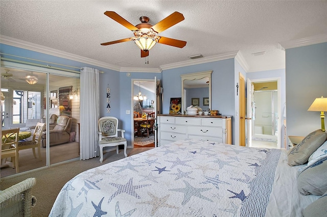 carpeted bedroom with visible vents, ornamental molding, ceiling fan, and a textured ceiling