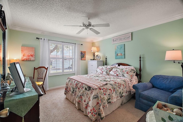 bedroom with carpet, a textured ceiling, ceiling fan, and crown molding