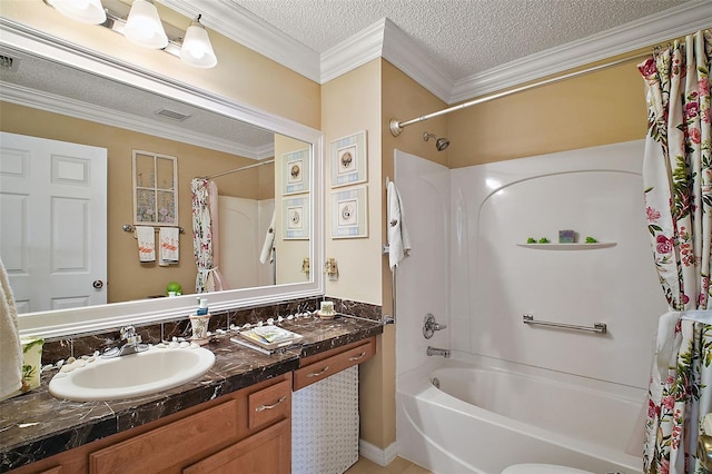 full bathroom with ornamental molding, a textured ceiling, vanity, and shower / bath combo with shower curtain