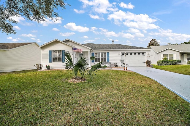 ranch-style home featuring a garage, concrete driveway, and a front lawn