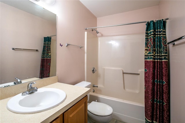 bathroom with toilet, shower / tub combo, and vanity