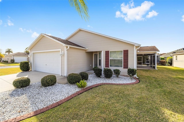 single story home with an attached garage, driveway, a front yard, and a sunroom