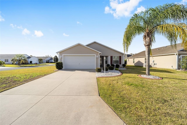 ranch-style house with a garage, concrete driveway, and a front lawn