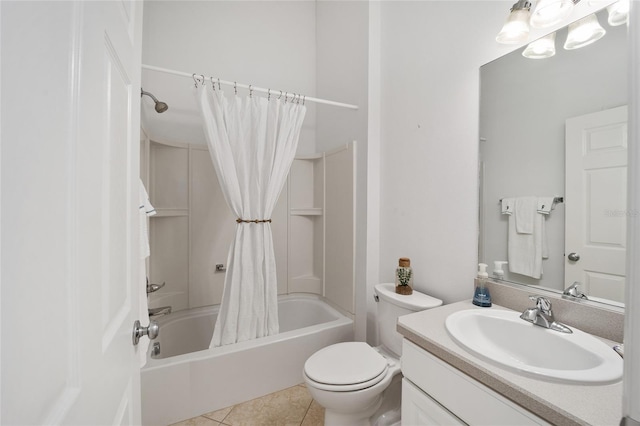 bathroom with shower / tub combo with curtain, vanity, toilet, and tile patterned floors