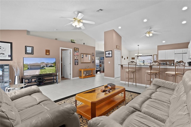 living room with recessed lighting, visible vents, vaulted ceiling, and ceiling fan with notable chandelier