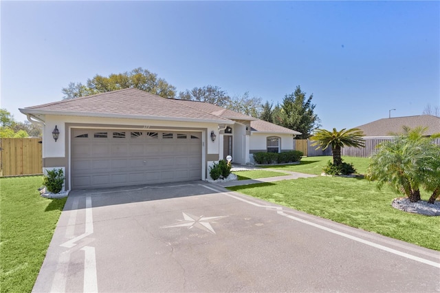 ranch-style house with driveway, a front lawn, fence, and stucco siding