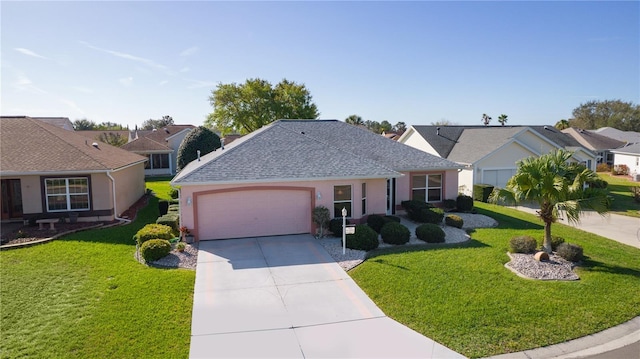 ranch-style home featuring driveway, a garage, a residential view, and a front lawn