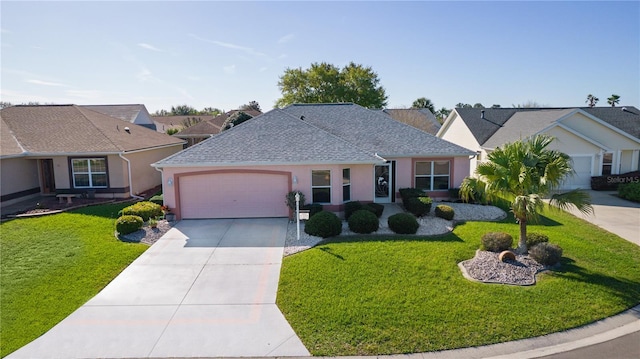 ranch-style house with an attached garage, a front lawn, concrete driveway, and stucco siding