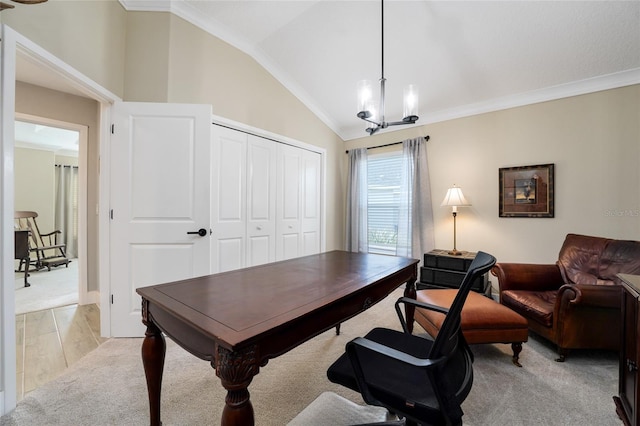 2124 Biller Cir, The Villages, FL 32163 - home office featuring ornamental molding, light colored carpet, and vaulted ceiling