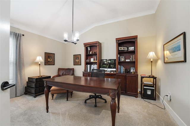 2124 Biller Cir, The Villages, FL 32163 - home office with lofted ceiling, an inviting chandelier, baseboards, and light colored carpet