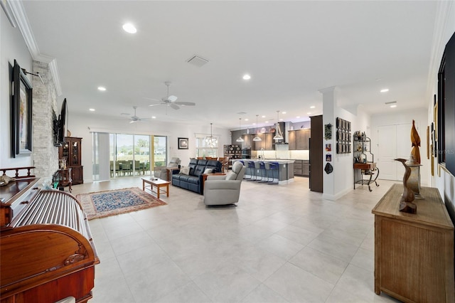 living room with a ceiling fan, crown molding, recessed lighting, and visible vents