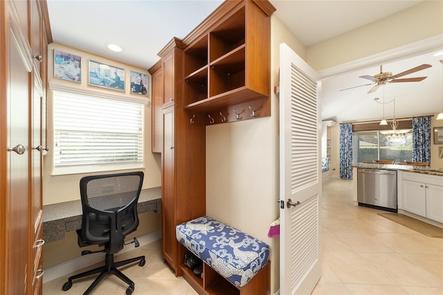 interior space featuring light tile patterned floors, ceiling fan, and recessed lighting