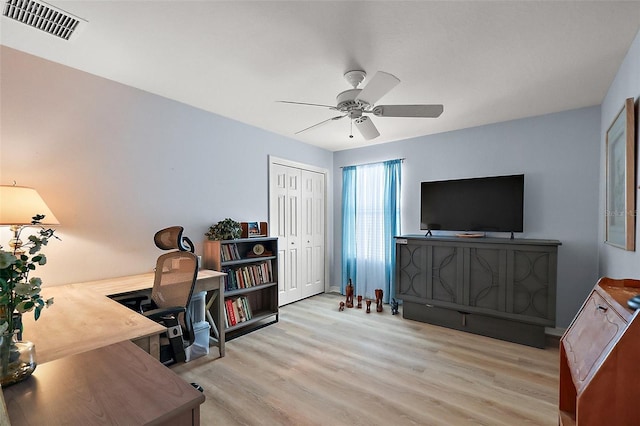 office area with a ceiling fan, visible vents, and wood finished floors