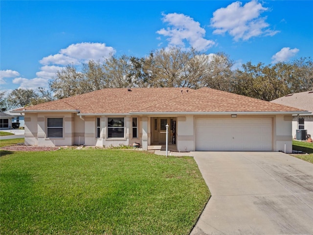 single story home with a front yard, an attached garage, and stucco siding