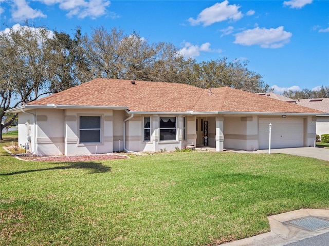 ranch-style house with stucco siding, a shingled roof, a front yard, a garage, and driveway