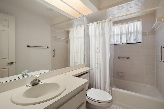 full bathroom with toilet, visible vents, shower / bath combination with curtain, and vanity