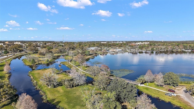 drone / aerial view featuring a water view