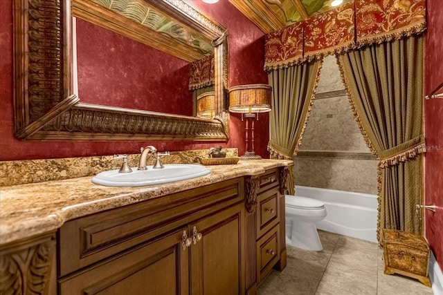 bathroom with toilet, tile patterned floors, shower / bath combo, and vanity