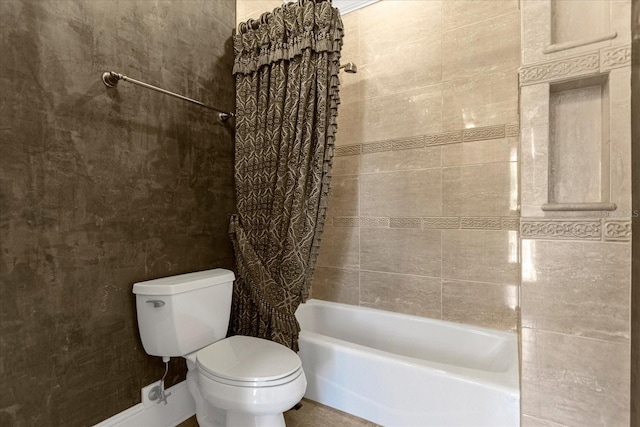 bathroom with toilet and shower / bathtub combination with curtain