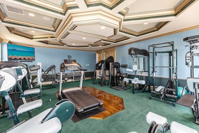 exercise room featuring carpet, coffered ceiling, visible vents, and crown molding