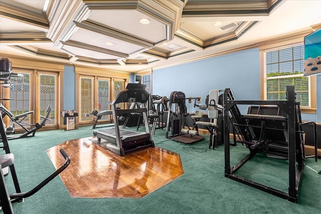 gym featuring coffered ceiling, carpet flooring, ornamental molding, and visible vents