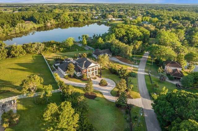 aerial view featuring a water view and a wooded view