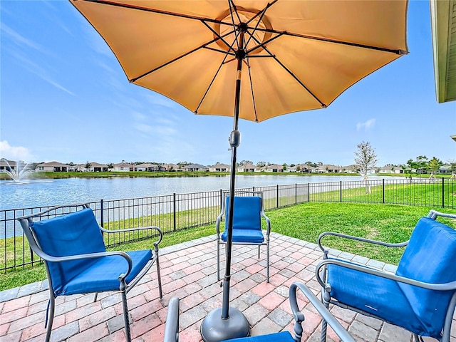 view of patio / terrace featuring a water view and a fenced backyard