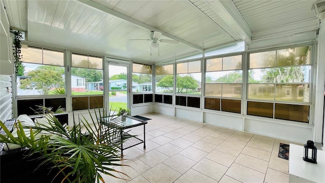 sunroom / solarium with a ceiling fan and lofted ceiling with beams