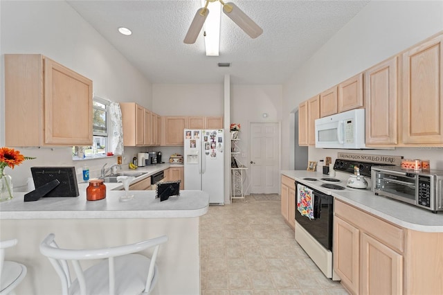 kitchen featuring white appliances, light countertops, and light brown cabinetry