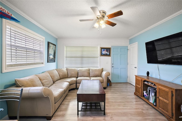 living room featuring light wood-type flooring, ceiling fan, a textured ceiling, and crown molding