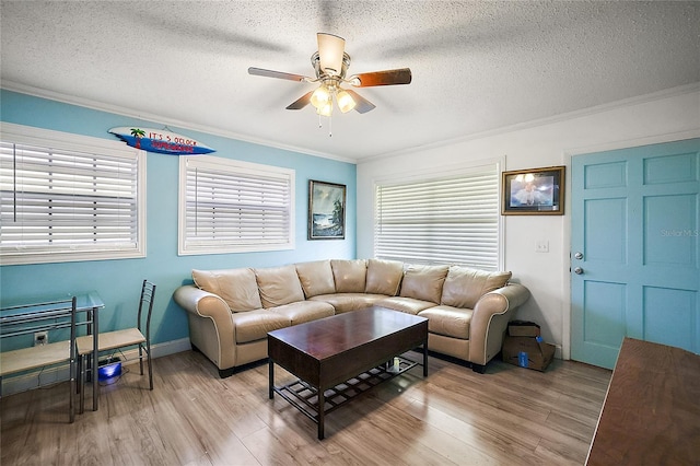 living area featuring ceiling fan, a textured ceiling, crown molding, a healthy amount of sunlight, and light wood-style floors