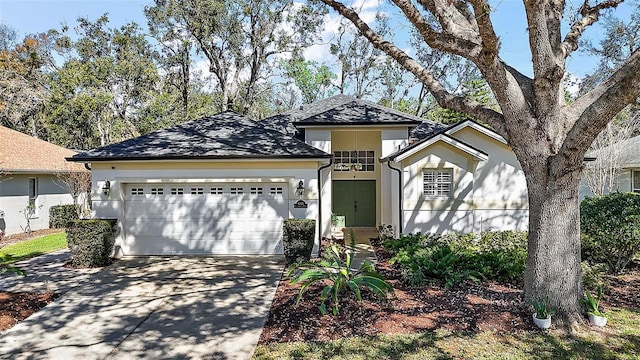 single story home featuring driveway, an attached garage, and stucco siding