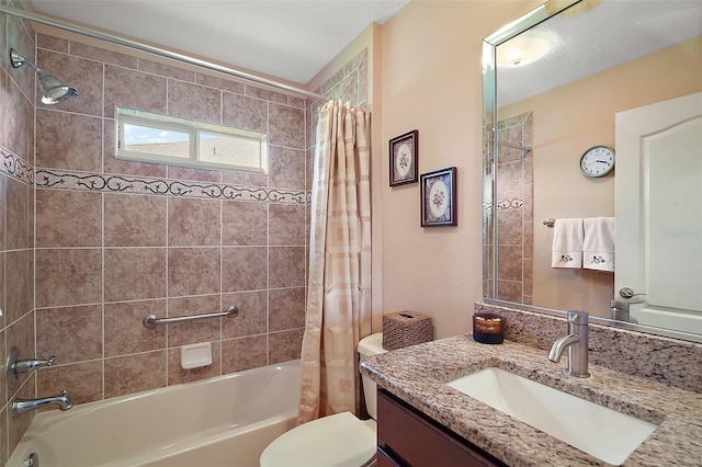 full bath featuring vanity, toilet, and shower / bath combo with shower curtain