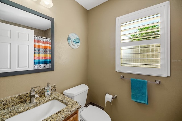 full bathroom with vanity, toilet, and a shower with curtain