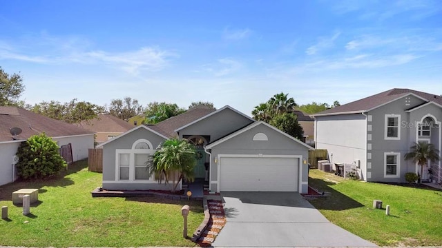 view of front of home with a front yard, driveway, an attached garage, and stucco siding