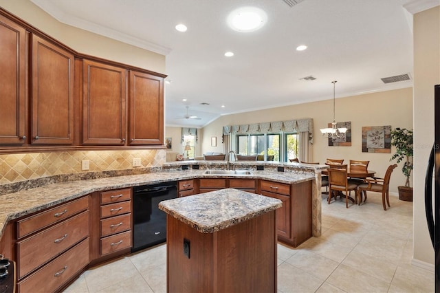 kitchen featuring a sink, a peninsula, backsplash, and dishwasher