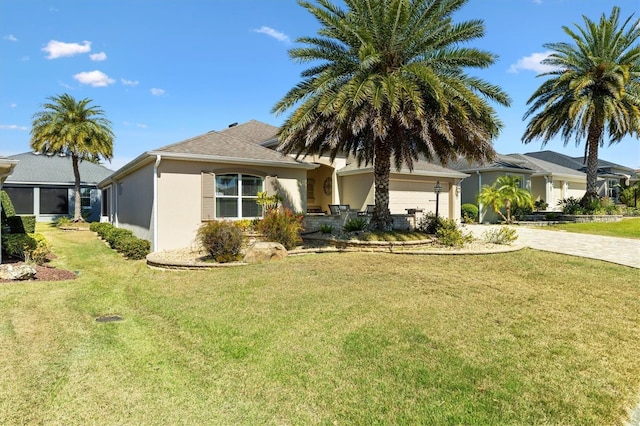 view of front facade with a garage, a front lawn, decorative driveway, and stucco siding