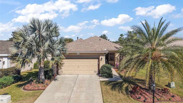 view of front of home with a shingled roof, concrete driveway, an attached garage, and stucco siding