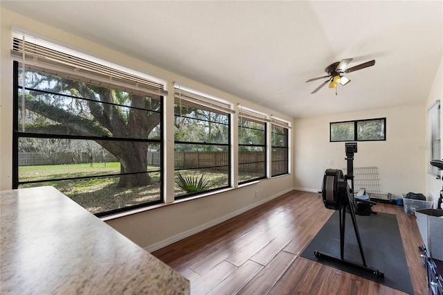 exercise area featuring ceiling fan, baseboards, and wood finished floors