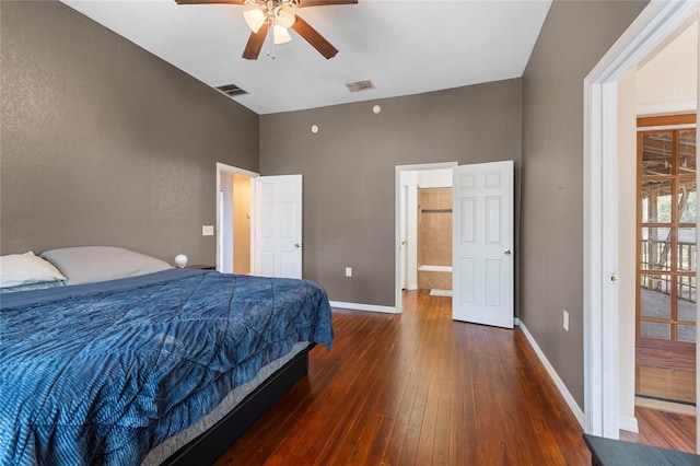 bedroom featuring baseboards, visible vents, ceiling fan, and hardwood / wood-style floors