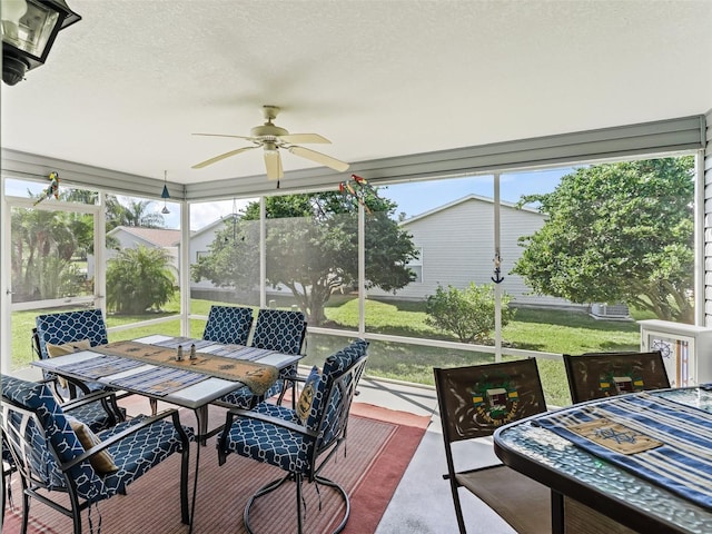 sunroom / solarium featuring ceiling fan