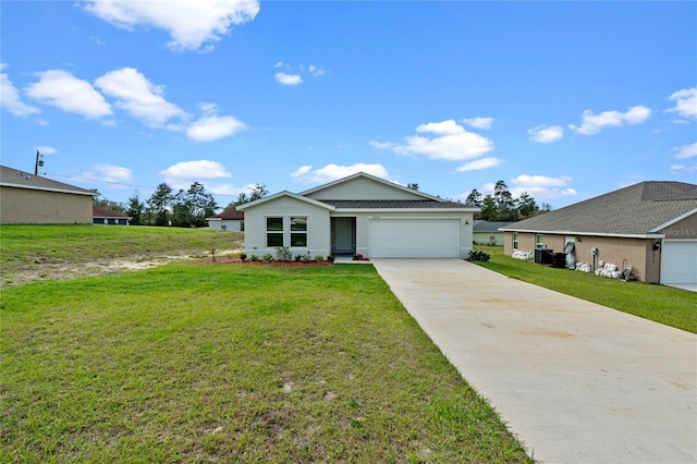 ranch-style home with an attached garage, concrete driveway, a front yard, and stucco siding