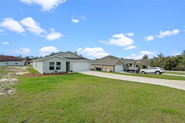 ranch-style home featuring a front yard, driveway, and an attached garage