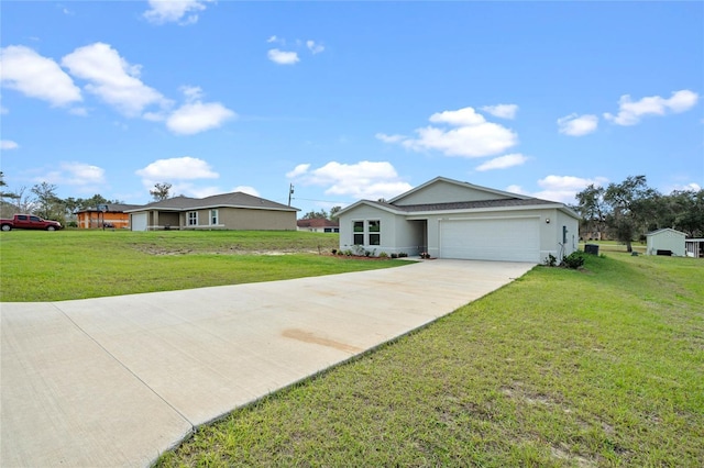 ranch-style house featuring a front lawn, driveway, an attached garage, and stucco siding