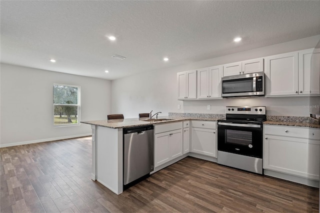 kitchen with appliances with stainless steel finishes, dark wood-type flooring, a peninsula, light stone countertops, and a sink