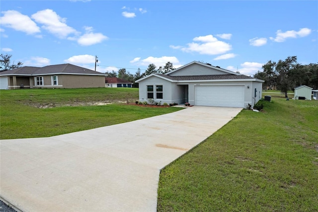 single story home featuring driveway, stucco siding, an attached garage, and a front yard