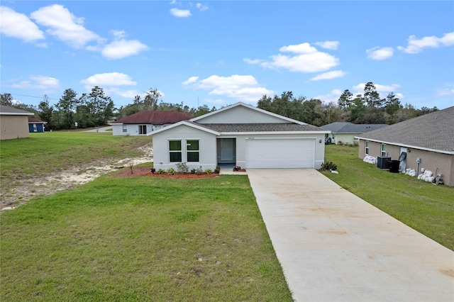 ranch-style home featuring driveway, a garage, a front lawn, and stucco siding