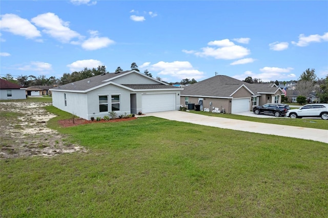 single story home with a front yard, driveway, an attached garage, and stucco siding