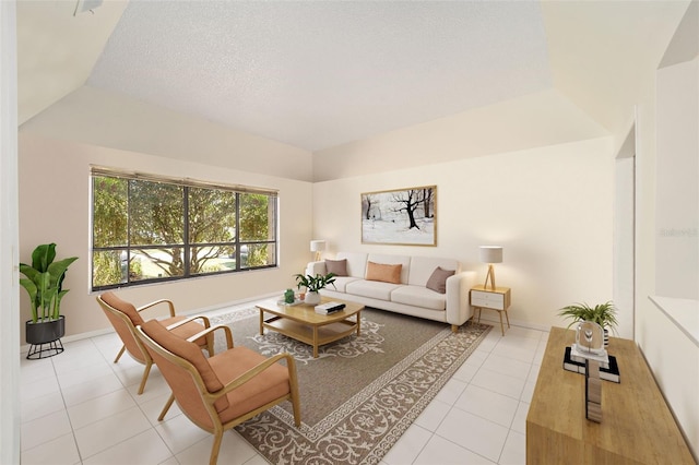 living area with lofted ceiling, light tile patterned flooring, a textured ceiling, and baseboards