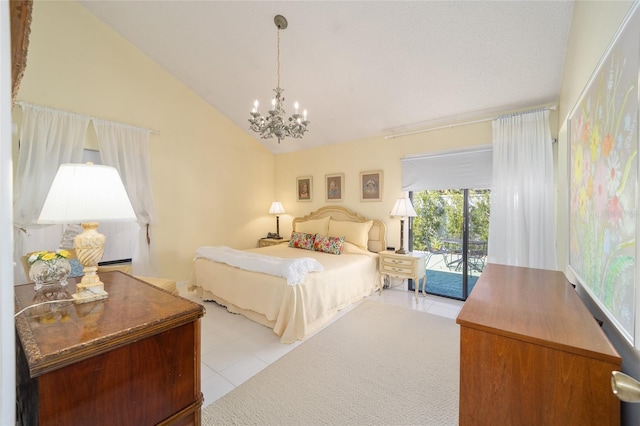 carpeted bedroom with access to exterior, tile patterned flooring, a notable chandelier, and vaulted ceiling